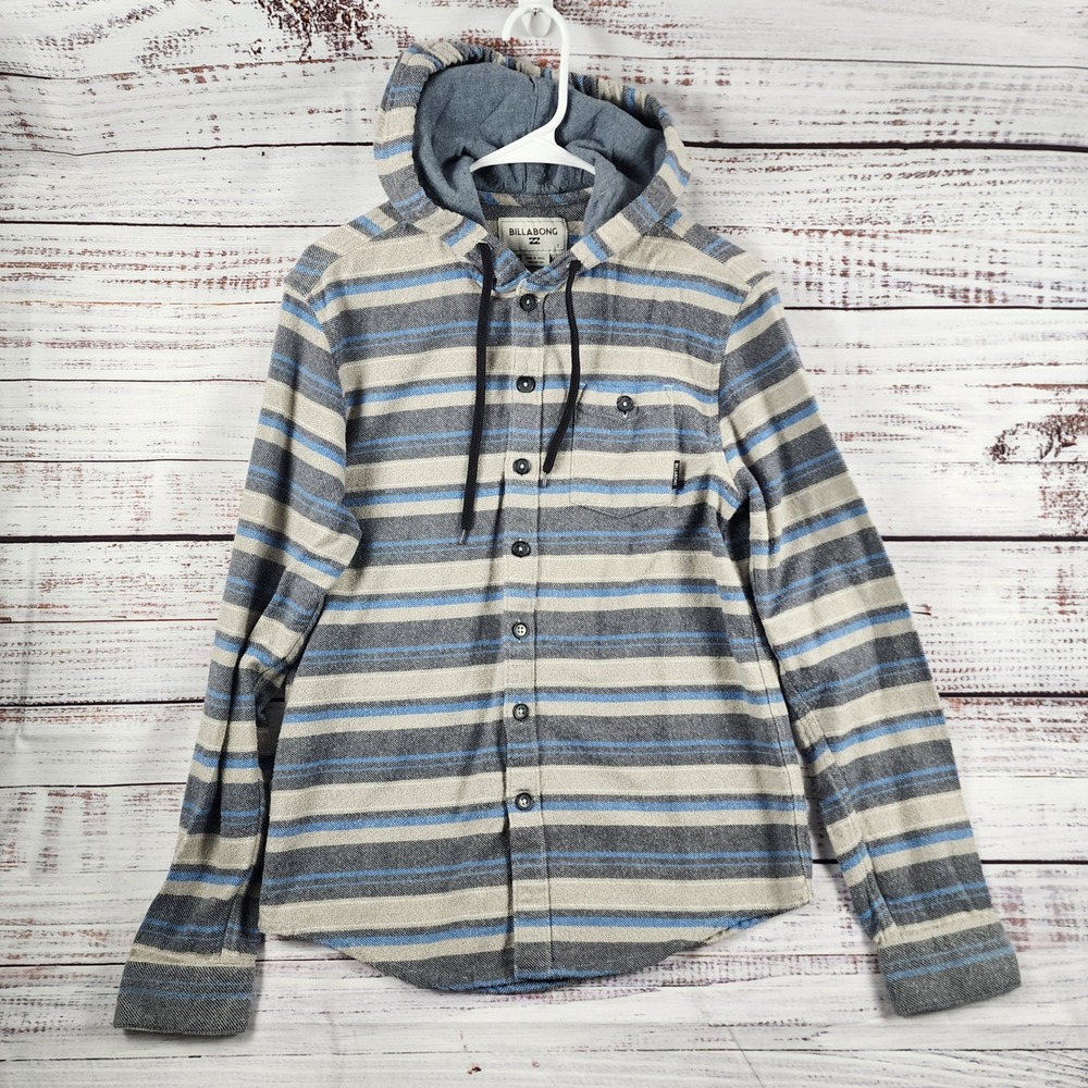 Billabong Baja Flannel Hooded Shirt Mens S Regular Blue Gray Striped Cotton
